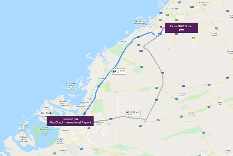 Map with route and distance to Expo 2020 in Dubai from Premier Inn Abu Dhabi International Airport hotel 