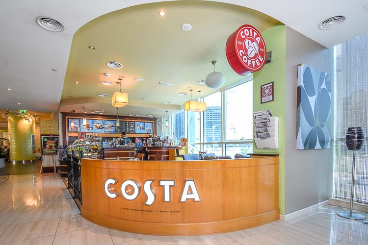 Costa Coffee cafe inside budget hotel in Abu Dhabi Capital Centre