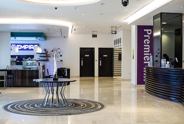 premier inn doha hotel lobby with coffee shop